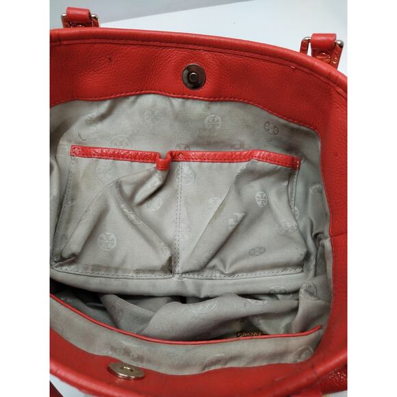 Tory Burch Amanda Red Leather Logo Pockets Satchel Shoulder Bag Purse - Picture 12 of 16